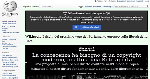 Stop di Wikipedia in Italia: protesta contro la legge UE sul copyright